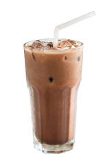 Ice cocoa in clear glass tube sucking isolated white background