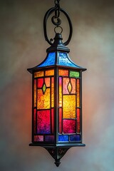 a lantern made of colored stained glass panels