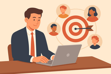 Target customers concept. Businessman using laptop for audience outreach, sales generation, digital marketing strategy, client acquisition, target market analysis, networking, communication