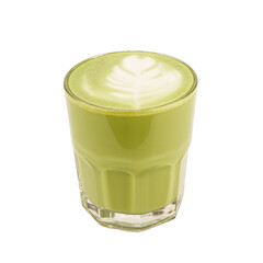 Matcha green tea latte in cup isolated white background.