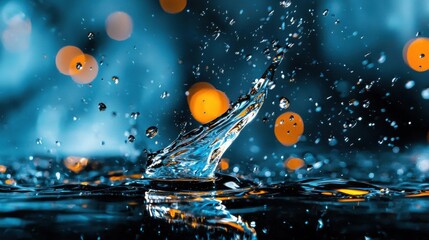 Fototapeta premium Close-up of a splash of water. the splash is in the center of the image and is made up of multiple droplets of water that are splashing and creating a wave-like shape.