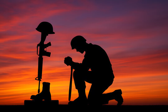Memorial day soldier silhouette honoring fallen veterans at sunset sky