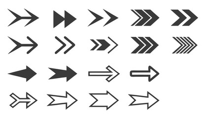 Diverse set of distinct black arrow icons for graphic design and navigation