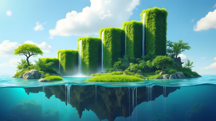 Conceptual floating island shaped like bar chart with lush greenery and waterfalls under bright blue sky with clouds