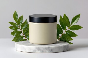 Cream jar with black lid on marble stand with green leaves behind it