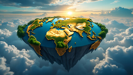Conceptual floating island shaped like globe with detailed continents and lush greenery surrounded by clouds under bright sky at sunset