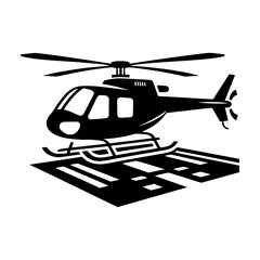 Black silhouette of a helicopter landing on a helipad with white markings