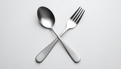 Minimalist top-down image of a spoon and fork arranged in an X shape on a clean white background. Suitable for concepts like dining, cutlery, food preparation, or minimal design