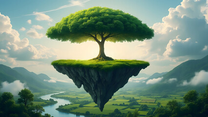 Conceptual floating island shaped like umbrella with large tree on top, surrounded by clouds and scenic valley below