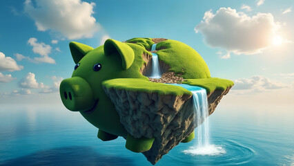 Conceptual floating island shaped like piggy bank with green grass and waterfalls over ocean under bright sky
