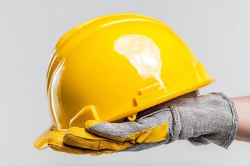 Hand wearing gloves with yellow safety helmet. Generative AI
