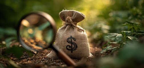 The money bag hidden in nature with a magnifying glass exploring wealth