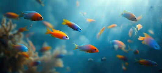 Naklejka premium The Vibrant School of Fish Swimming in a Coral Reef Scene
