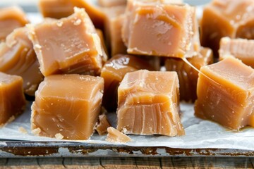 Delicious homemade caramel treats arranged neatly on a tray showcasing their rich color and smooth texture