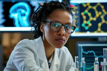 Research scientist conducts experiments in a laboratory with advanced technology and data analysis displays
