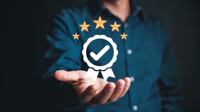 Man presents guarantee badge with five stars, representing product quality, reliability, and satisfaction, signaling top tier excellence and trusted business service for customers.
