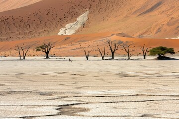 Dry landscape featuring bare trees under a bright sky in Namib Desert during daytime