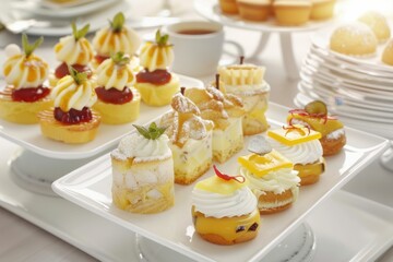 Delicious assortment of desserts on elegant serving platters at a festive gathering