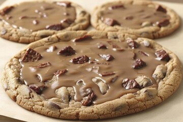 Freshly baked chocolate chip cookies with a rich chocolate topping, displaying an appealing dessert treat ready for enjoyment