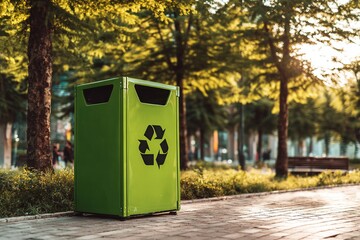 Filming a green recycling bin at the park entrance. Generative AI
