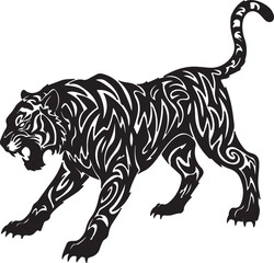 Obraz premium Stylized tribal tiger silhouette, sharp angular patterns, aggressive stance, abstract claws and tail, black ink design on white background, tattoo style Adobe Illustrator Artwork