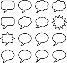 Speech Bubble Grid Vector Set of 16 Unique Black and White Comic Dialog and Thought Icons in Minimal Style