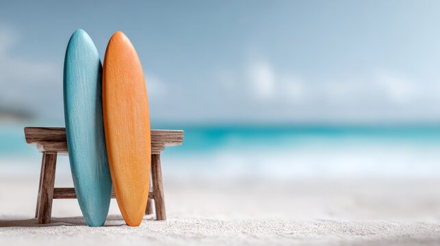 Two miniature surfboards, one light blue and one orange, leaning against a small wooden bench on a sandy beach, with a turquoise ocean and soft blue sky in the background