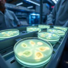 Petri dishes with active bio cultures glowing under UV lab lights inside sterile chemical analysis chamber