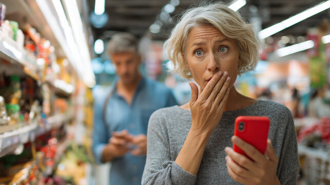 Grocery Shock: A woman in a state of disbelief stares at her mobile phone while shopping in a supermarket. The environment is filled with groceries.