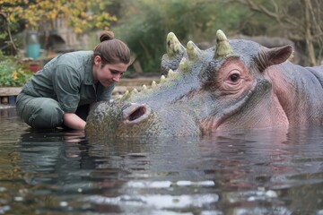 Fototapeta premium Worker bathing a friendly dinosaur in a serene pond surrounded by lush greenery under soft natural light