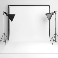 Photography studio setup with softbox lights and seamless paper backdrop