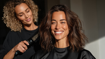 Portrait of a beautiful young woman getting her hair done by hairdresser