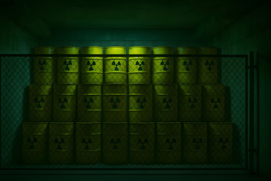 Stacked radioactive waste barrels behind wire fence under yellow hazard lights in sealed contamination site