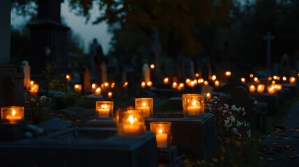Fototapeta premium Candlelit cemetery: a serene and contemplative remembrance scene at dusk