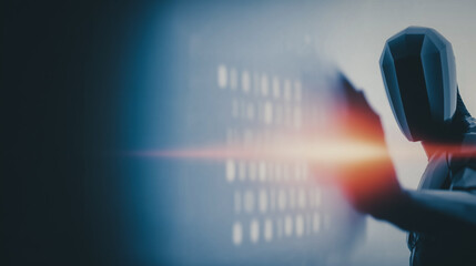 Digital Sentinel: A sleek, futuristic robot stands sentinel before a luminous digital display, its form a blend of technology and abstract artistry, embodying the concepts of data and information.