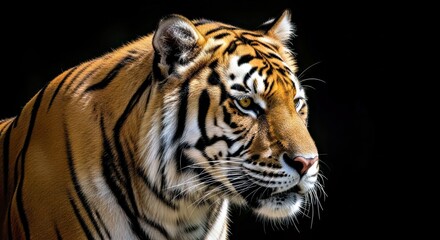 Naklejka premium Tiger Portrait View Striking Majestic Black Background Big Cat Wildlife