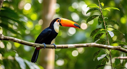 Toucan Sitting Branch Forest Green Vegetation Tropical Bird Wildlife