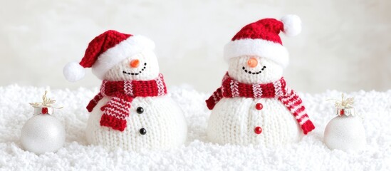 Festive knitted snowmen with red hats and scarves in a winter scene