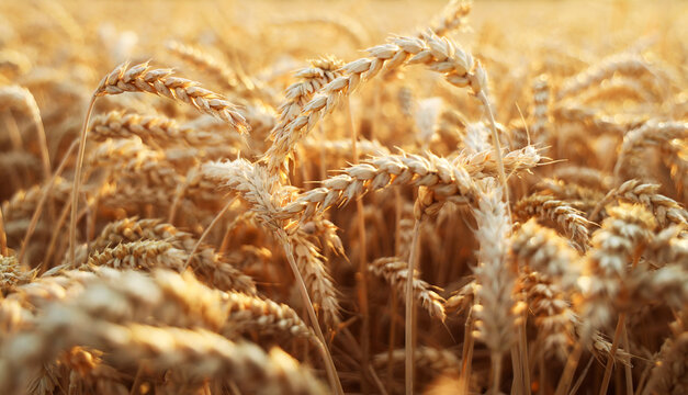 backdrop of ripening ears of yellow wheat field on the sunset orange sky background. Copy space of the setting sun rays on horizon in rural meadow Close up nature photo Idea of a rich harvest