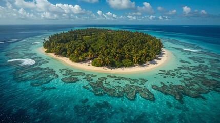 Tropical Haven Unveiled: From an aerial perspective, a verdant island with a dense canopy of tropical trees is showcased, featuring a hidden clearing within and encircled by a white sandy beach meeti