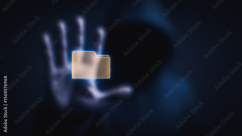 Poster cybersecurity: conceptual digital rendering of an individual interacting with a digital file, symbol