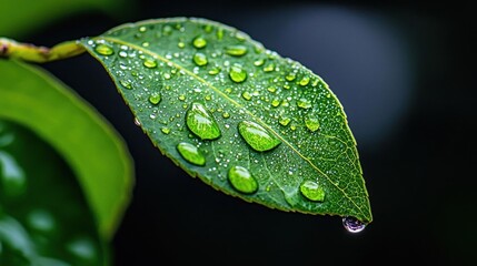 Close-up of a green leaf with water droplets on it. the leaf is in focus, while the background is blurred, making the leaf the focal point of the image.
