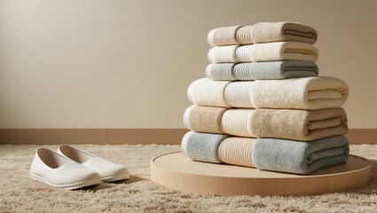 Stack of towels with a pair of shoes
