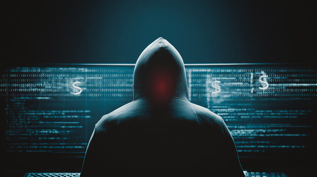 Cyber Shadow: A silhouette of a hooded figure looms menacingly before a monitor displaying cascading lines of code and ominous dollar signs, representing the unseen threat of cybercrime.