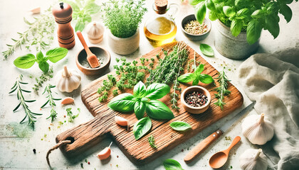 Bright and Fresh Rustic Kitchen Flat Lay with Herbs and Spices