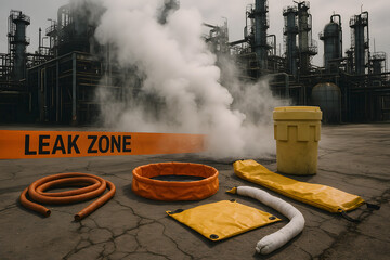 Ground-level leak zone kit with containment mats, hoses, and warning barrier for chemical spill response