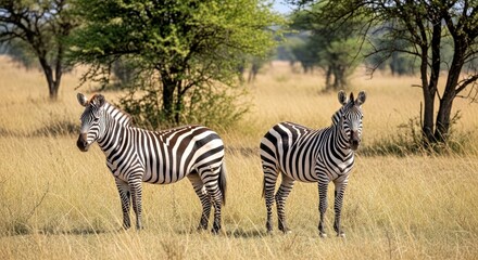 Two Plains Zebras Natural Habitat South Africa Wildlife Iconic Safari