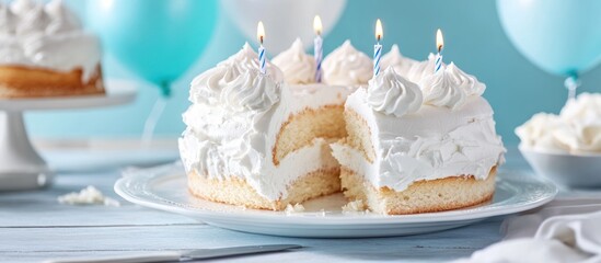 Celebratory birthday cake with vanilla frosting and blue balloons background
