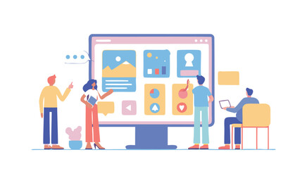 Naklejka premium Team collaborating on a large monitor displaying various user interface elements and data visualizations