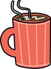 An illustration of a hot drink in a red ceramic mug with visible steam, representing a freshly brewed coffee.